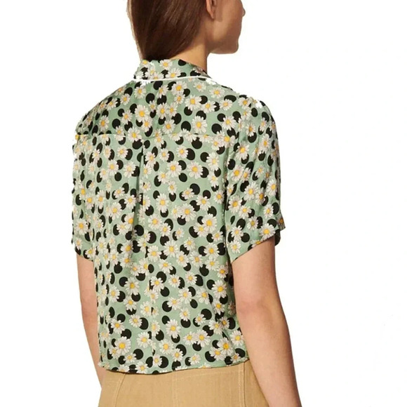 Sandro Blouse Top Shirt Short Sleeve Tie Front Daisy Floral Green New Size Large - Picture 5 of 12